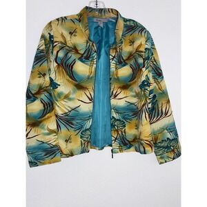 Analogy Womens Tropical Leaf Print Zip Up Jacket Teal Yellow Petite Large PL